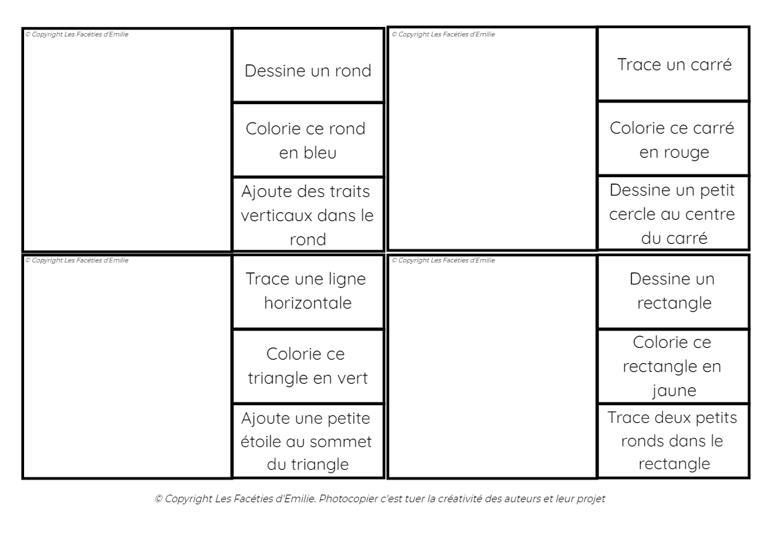 Compréhension de consigne simple; Cartes à dessin autonome