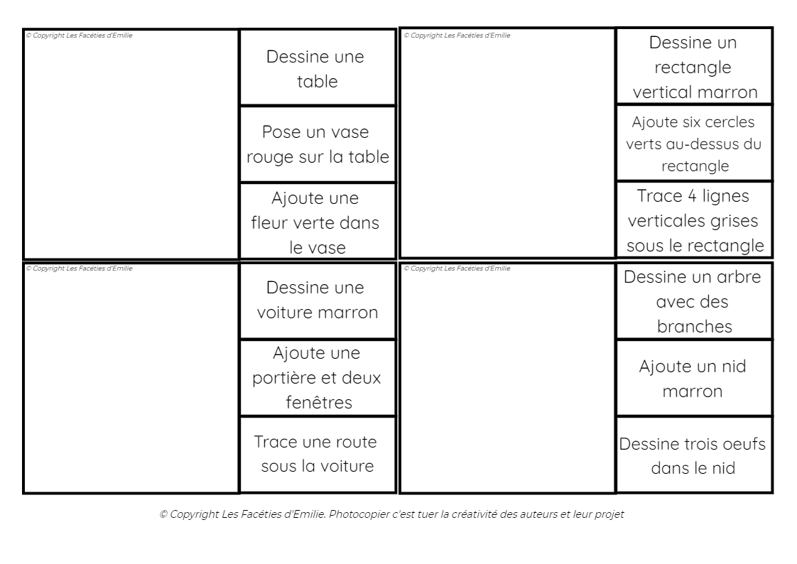 Compréhension de consigne simple; Cartes à dessin autonome