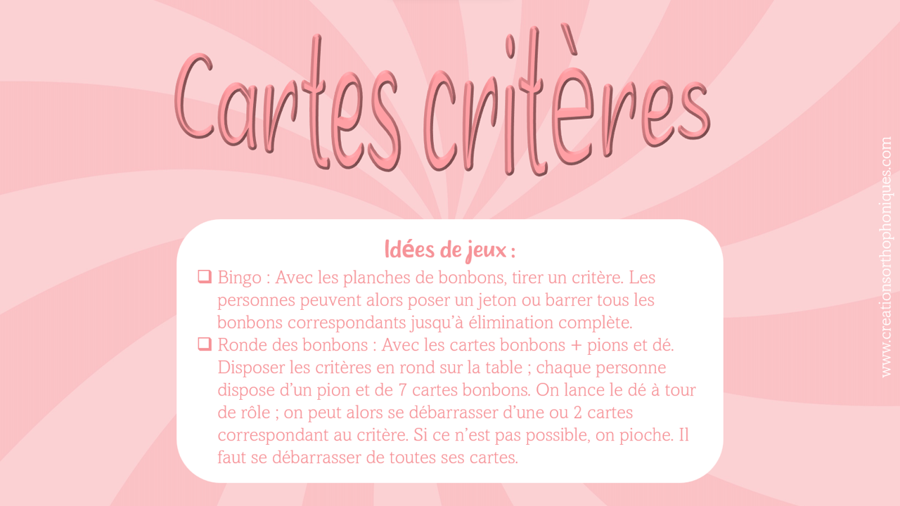 Jeu pour travailler les critères, le vocabulaire descriptif, sur le thème des bonbons