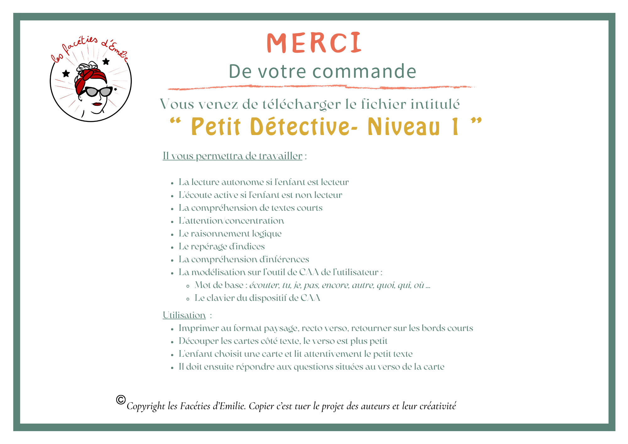 "Petits Détectives" Ensemble de cartes pour la Compréhension de texte simples