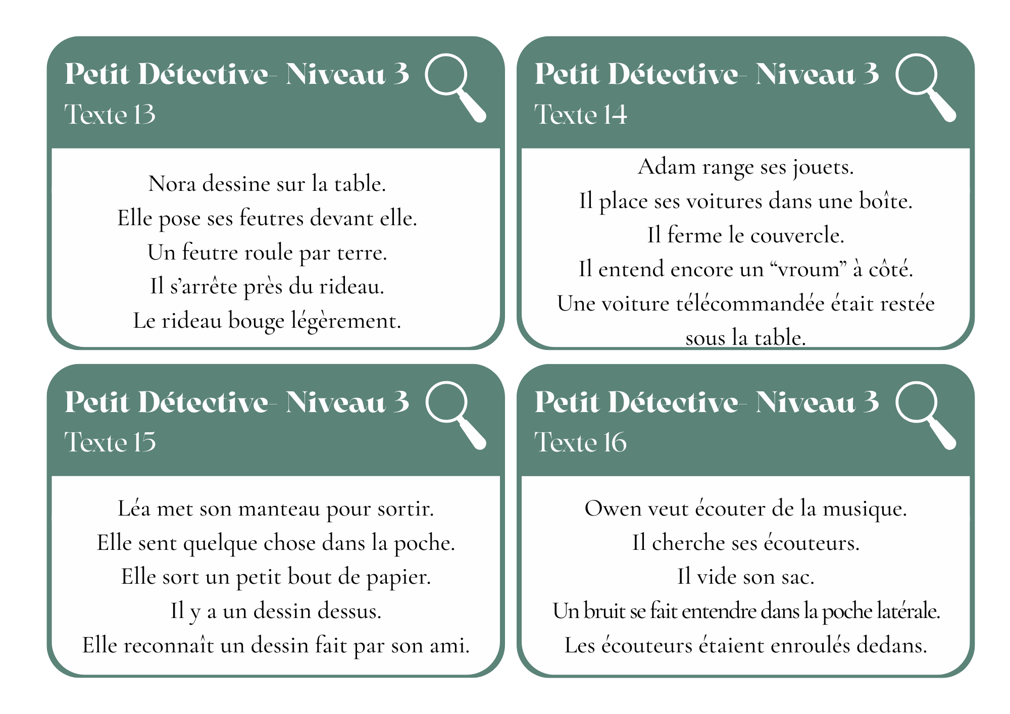 "Petits Détectives" Ensemble de cartes pour la Compréhension de texte simples