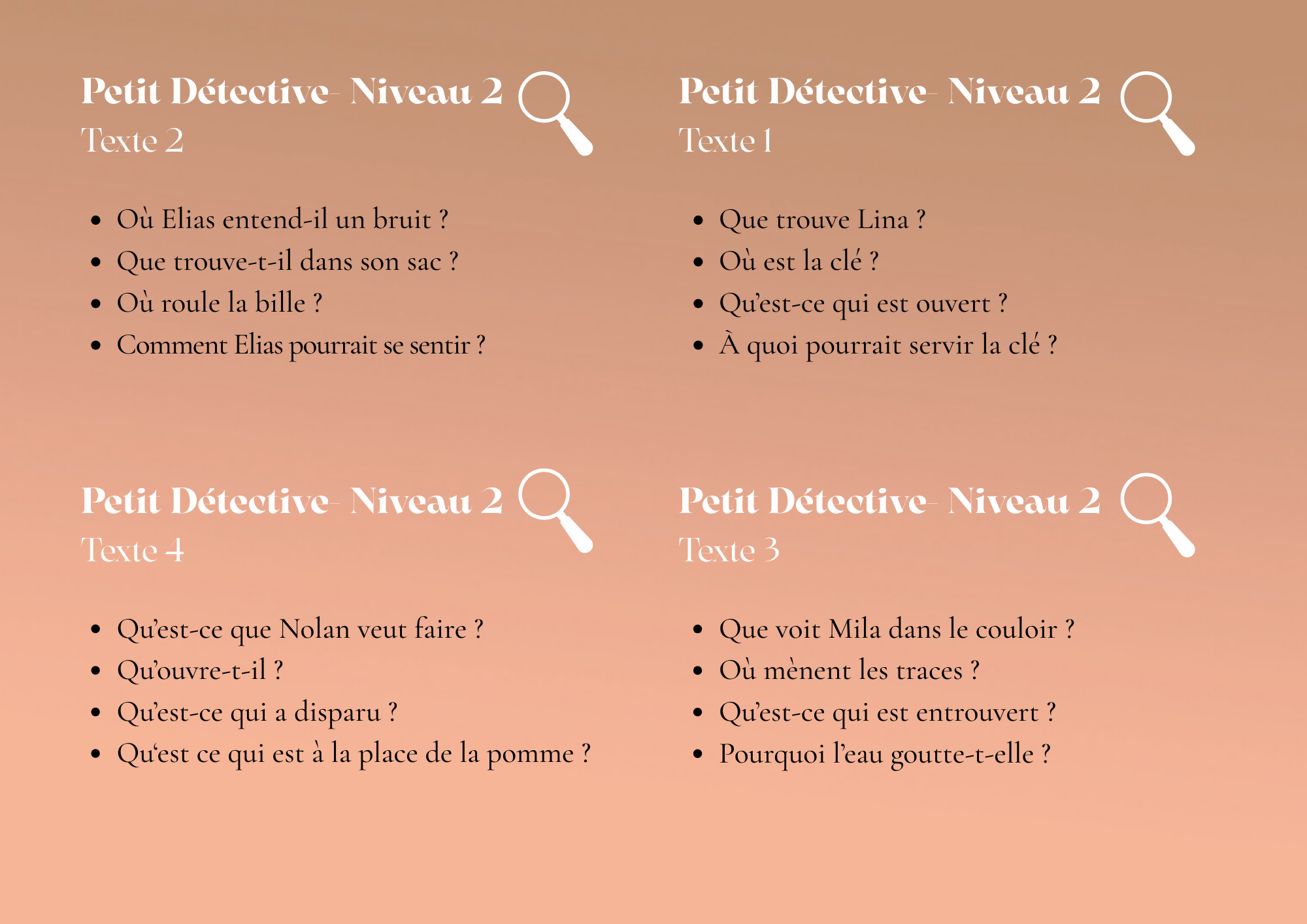 "Petits Détectives" Ensemble de cartes pour la Compréhension de texte simples