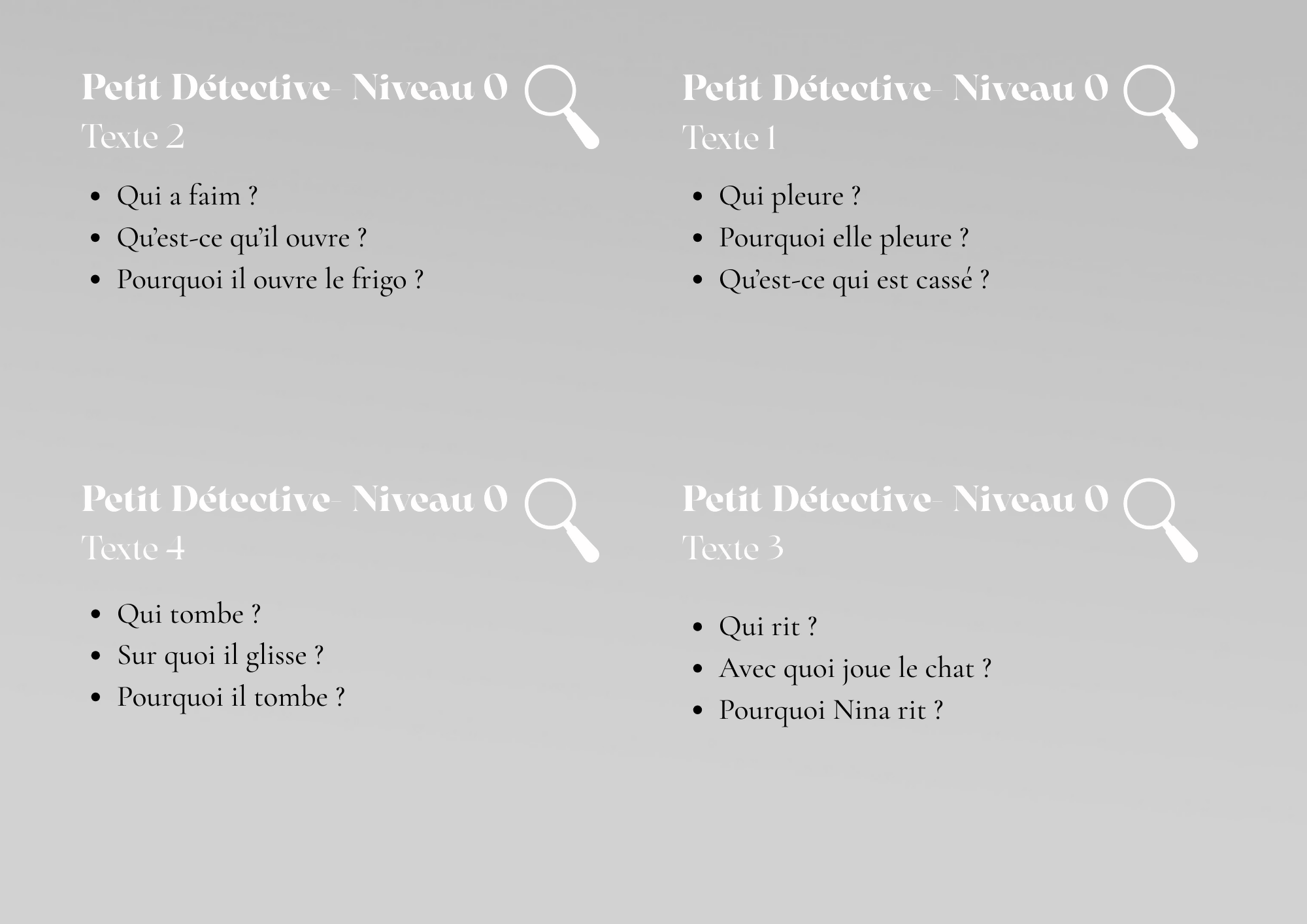 "Petits Détectives" Ensemble de cartes pour la Compréhension de texte simples