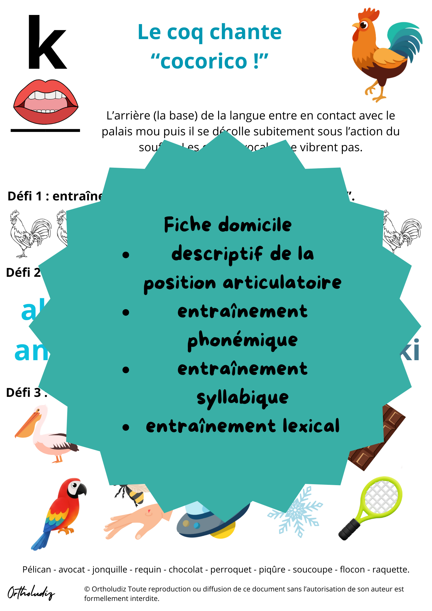 Fiche entraînement articulation /k/ médian