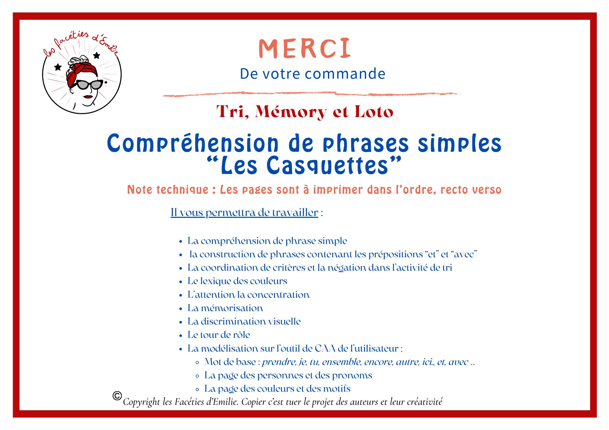 Compréhension de phrases simples : Les Casquettes