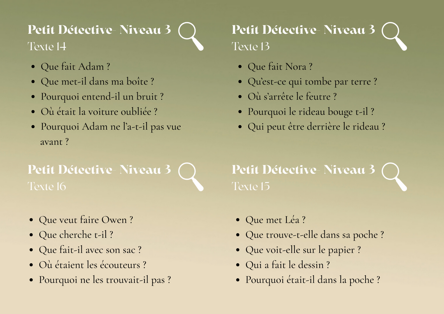 "Petits Détectives" Ensemble de cartes pour la Compréhension de texte simples