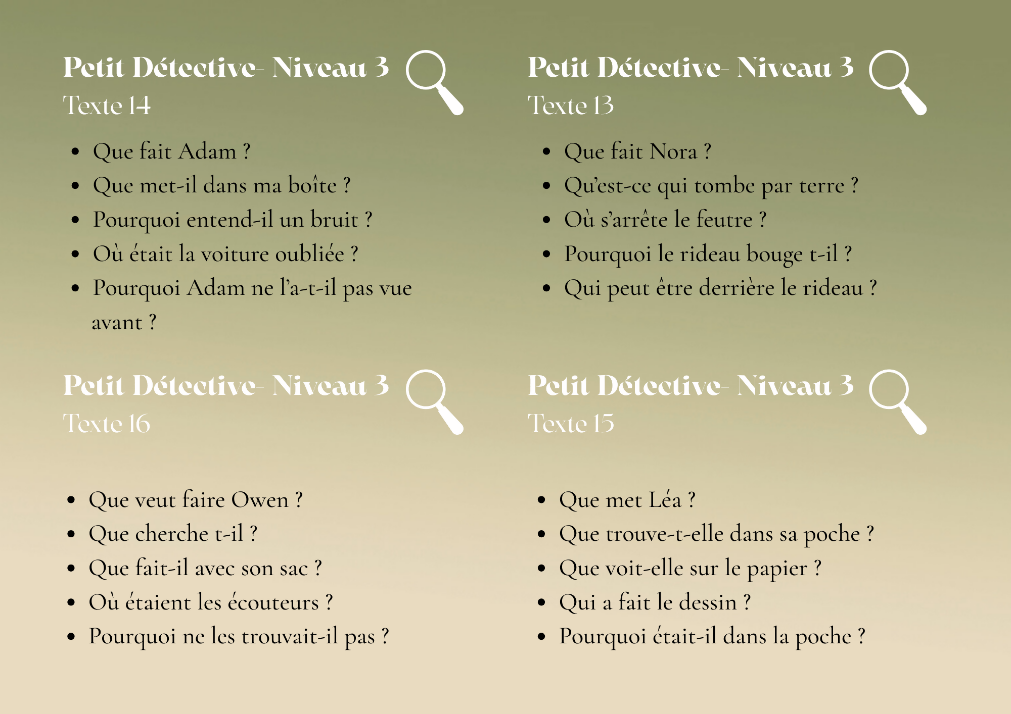 "Petits Détectives" Ensemble de cartes pour la Compréhension de texte simples