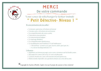 "Petits Détectives" Ensemble de cartes pour la Compréhension de texte simples