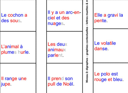 Mes premières phrases - 4 niveaux (Mots transparents, digraphes &amp; règles contextuelles, trigraphes, graphies complexes)