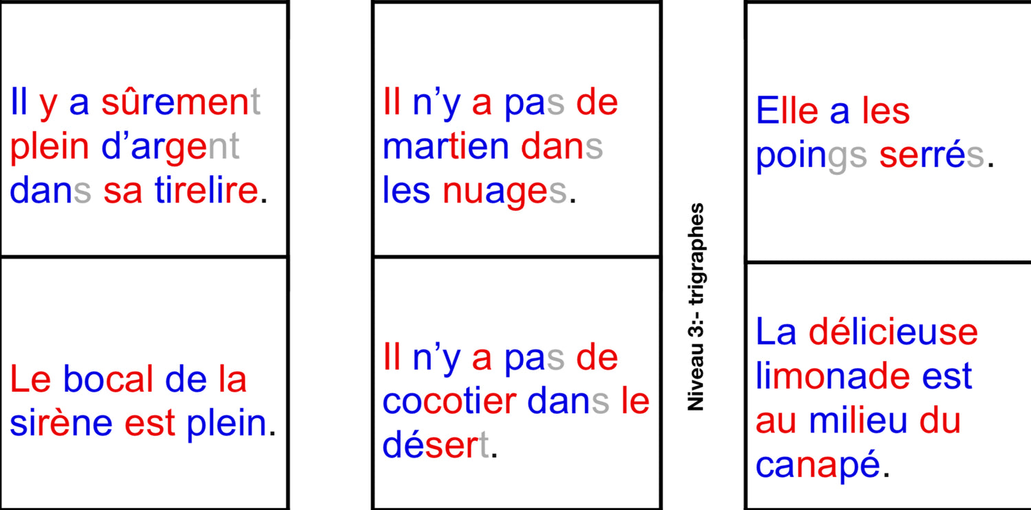 Mes premières phrases - 4 niveaux (Mots transparents, digraphes &amp; règles contextuelles, trigraphes, graphies complexes)