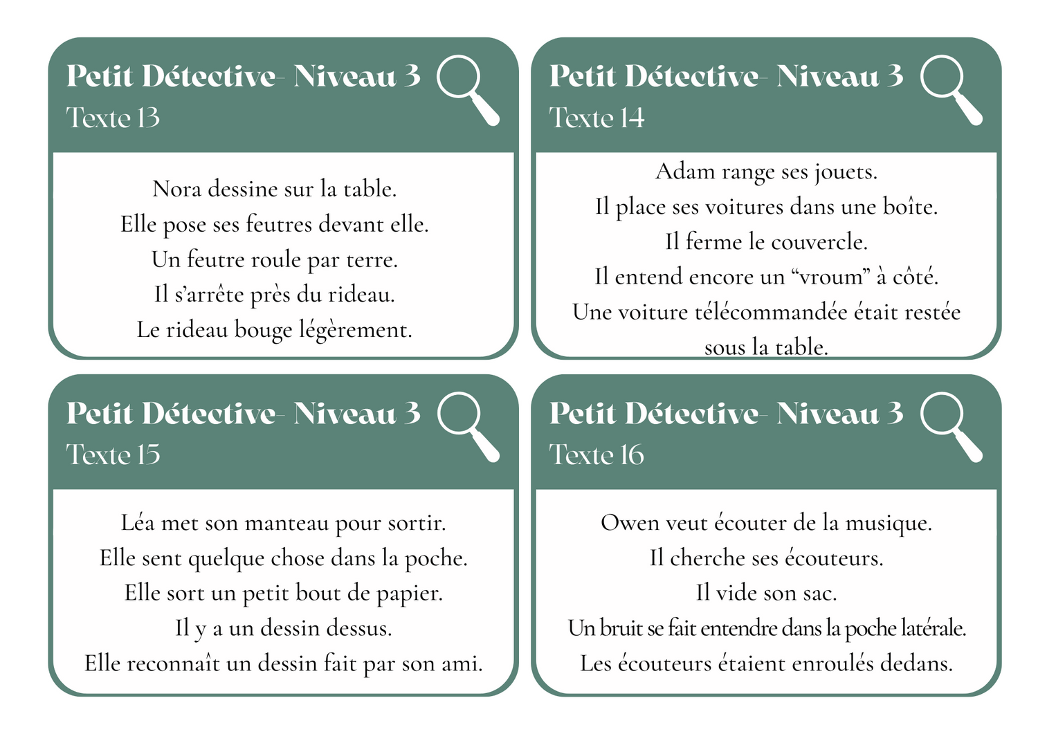 "Petits Détectives" Ensemble de cartes pour la Compréhension de texte simples