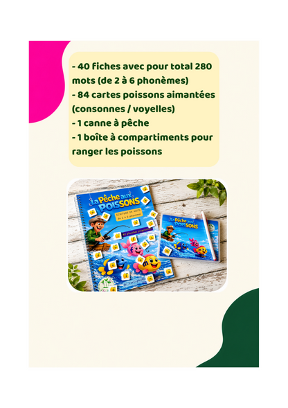 La pêche aux poisSONS - le livret, les poissons aimantés, la boîte et la canne à pêche