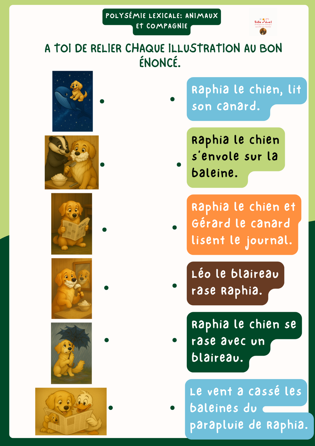 Polysémie: animaux et compagnie version Golden. Relier une image à une phrase.