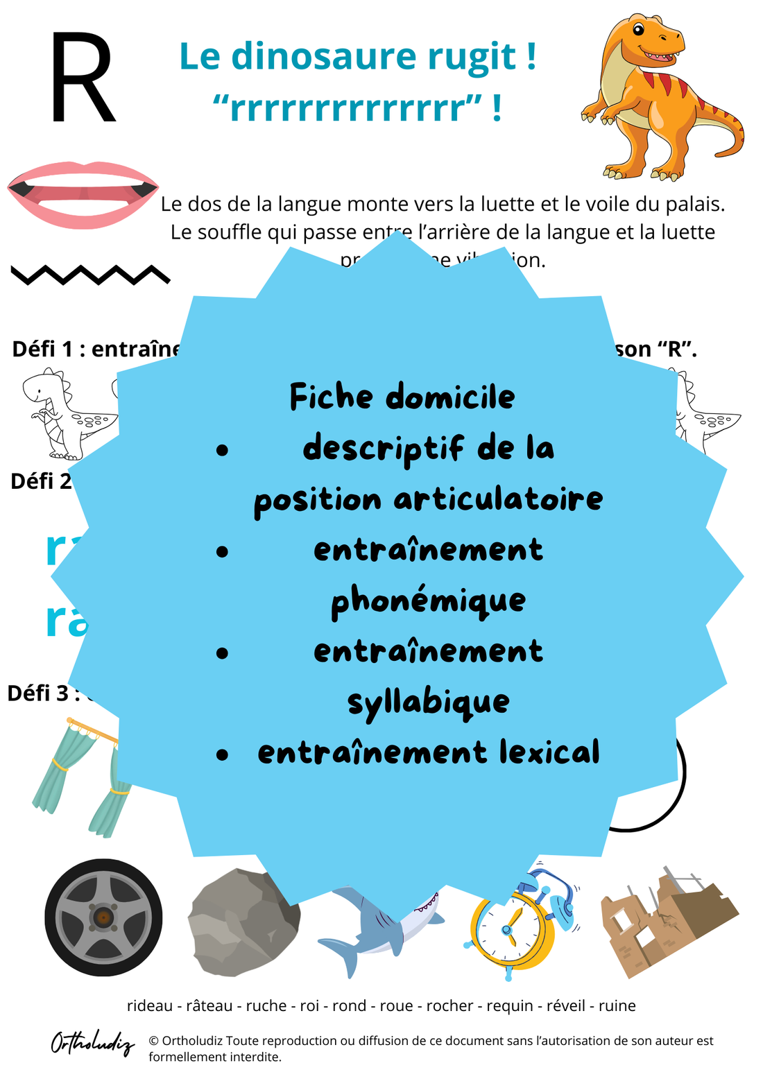 Fiche entrainement à domicile R thème dinosaure