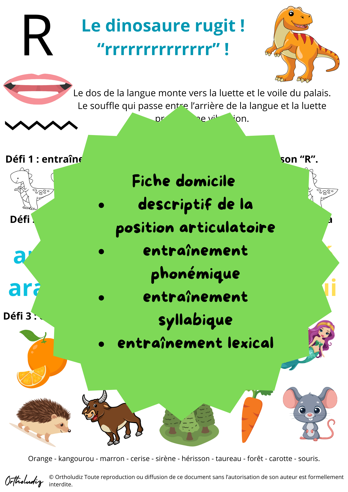 Fiche entrainement à domicile R médian thème dinosaure