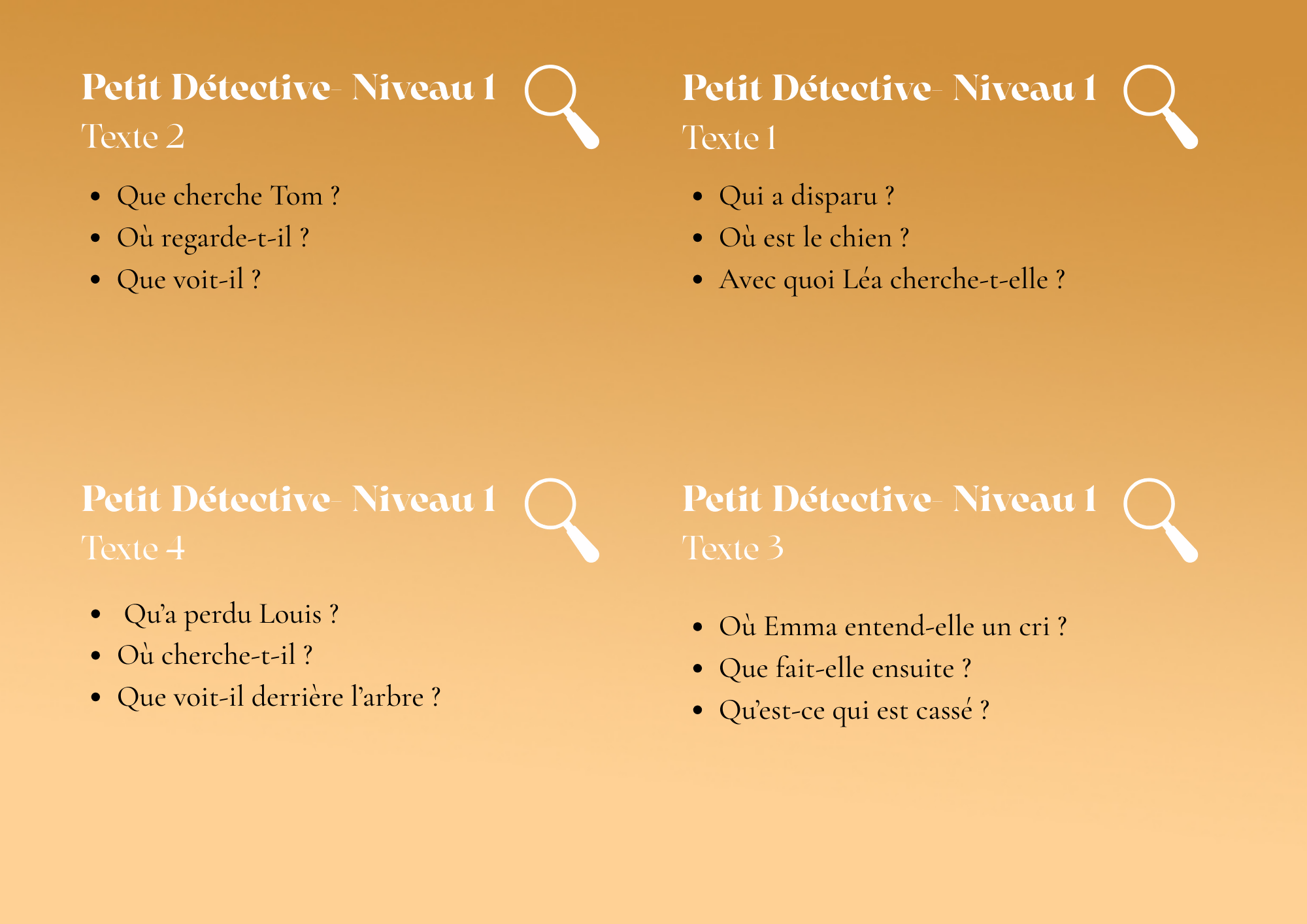 "Petits Détectives" Ensemble de cartes pour la Compréhension de texte simples