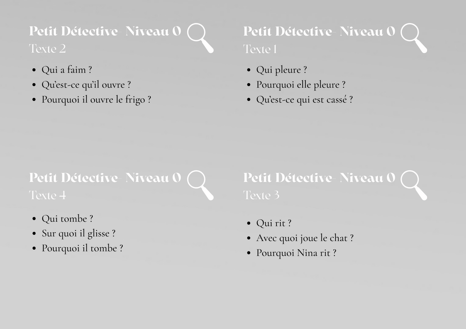 "Petits Détectives" Ensemble de cartes pour la Compréhension de texte simples