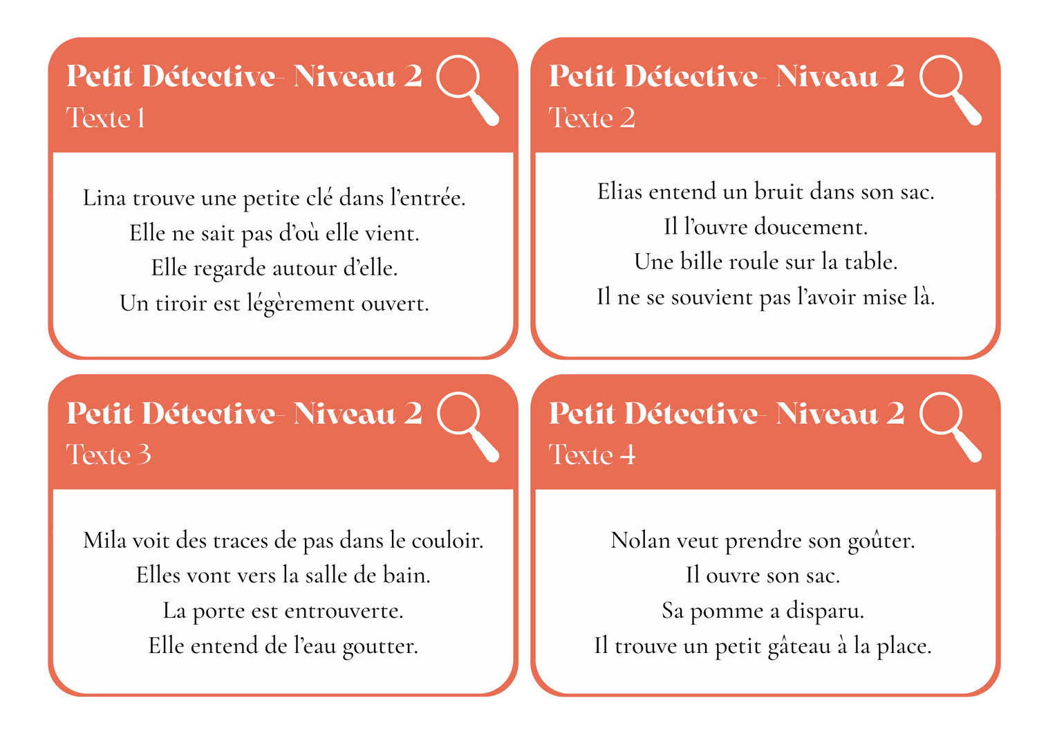 "Petits Détectives" Ensemble de cartes pour la Compréhension de texte simples