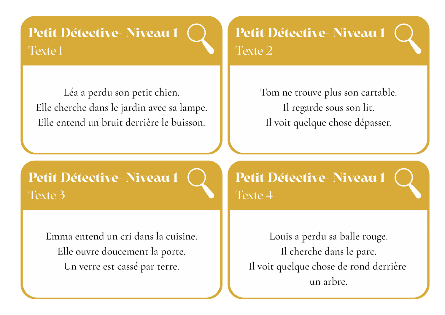 "Petits Détectives" Ensemble de cartes pour la Compréhension de texte simples