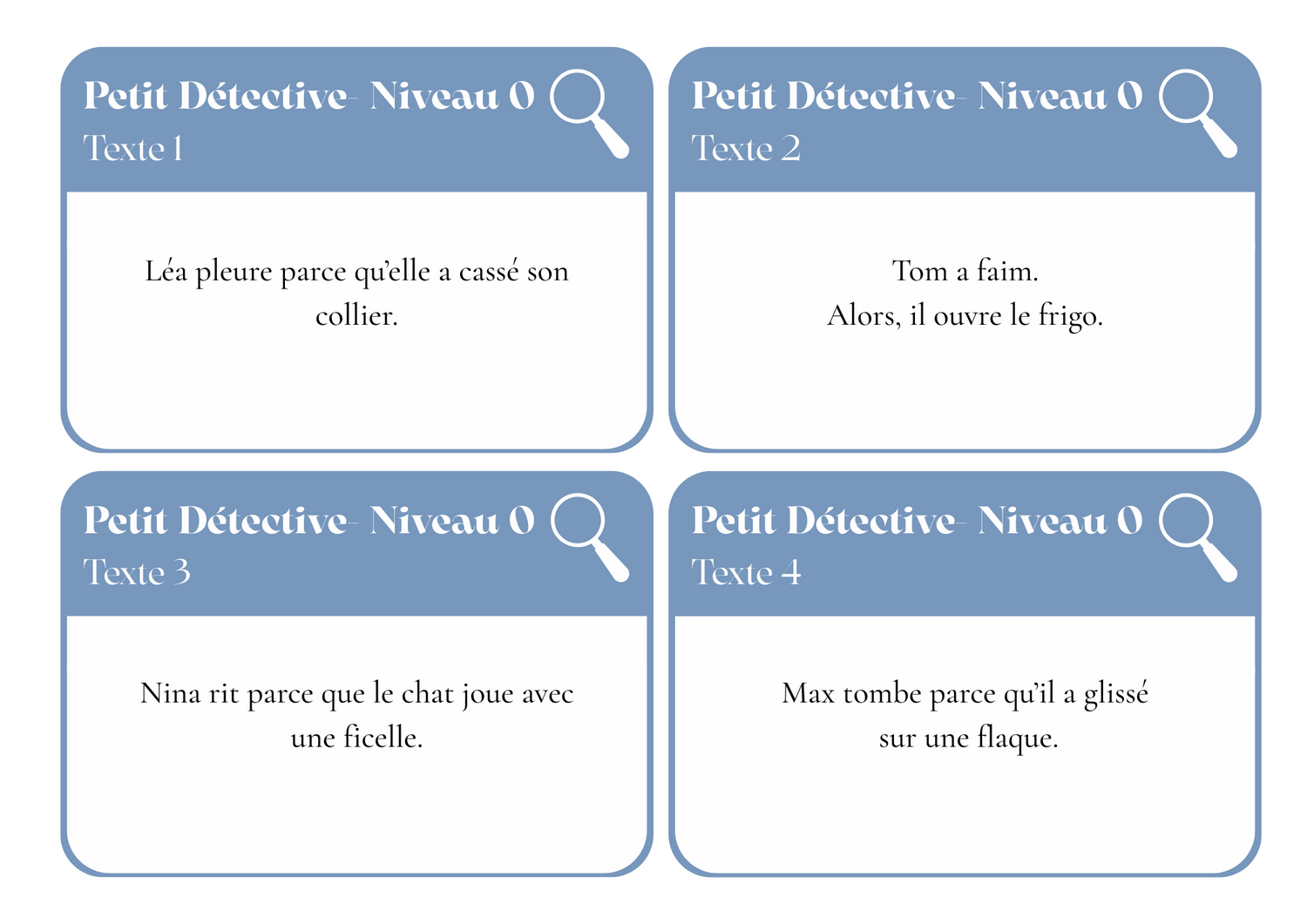 "Petits Détectives" Ensemble de cartes pour la Compréhension de texte simples