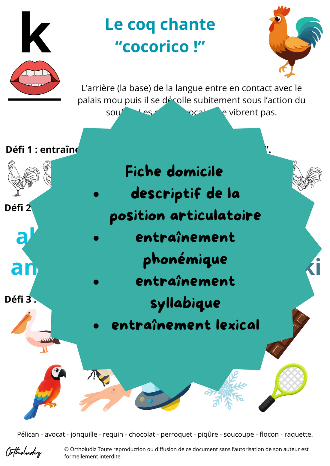 Fiche entraînement articulation /k/ médian