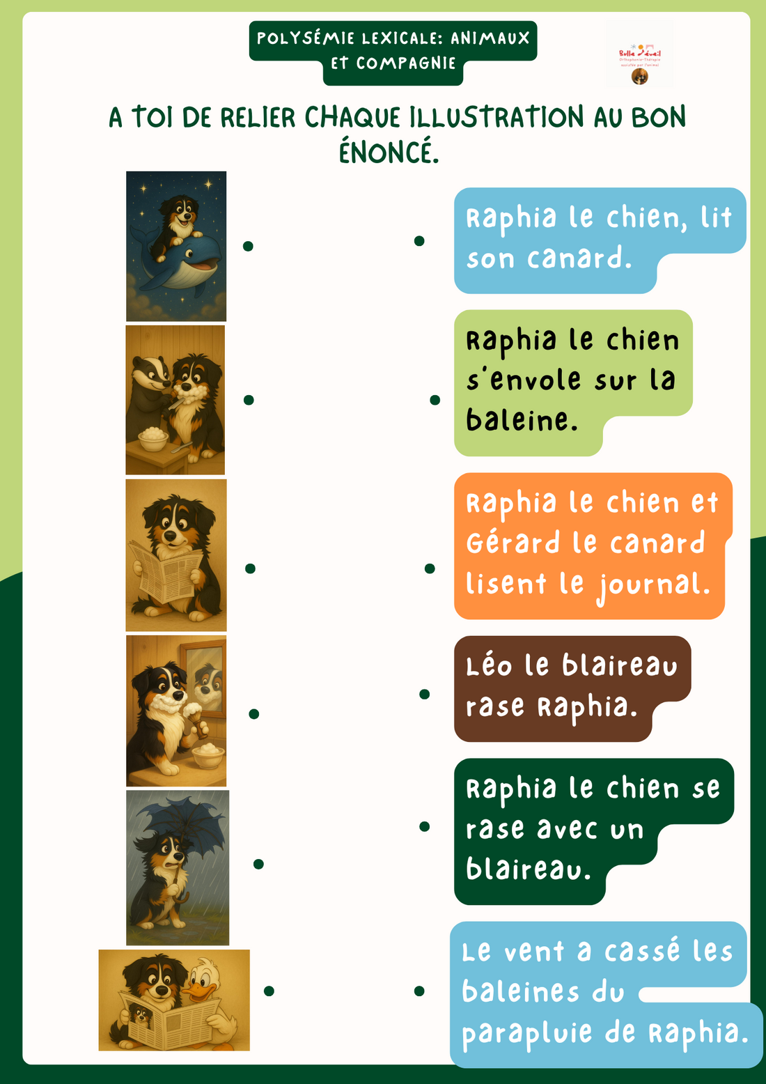 Polysémie: animaux et compagnie version Berger Australien. Relier une image à une phrase.