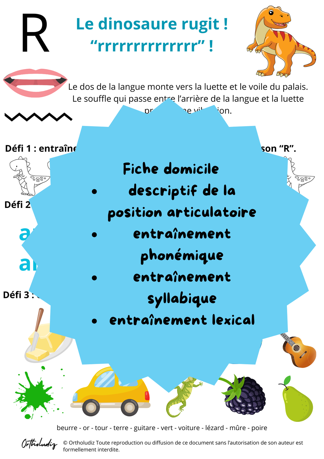 Fiche entrainement à domicile R final thème dinosaure
