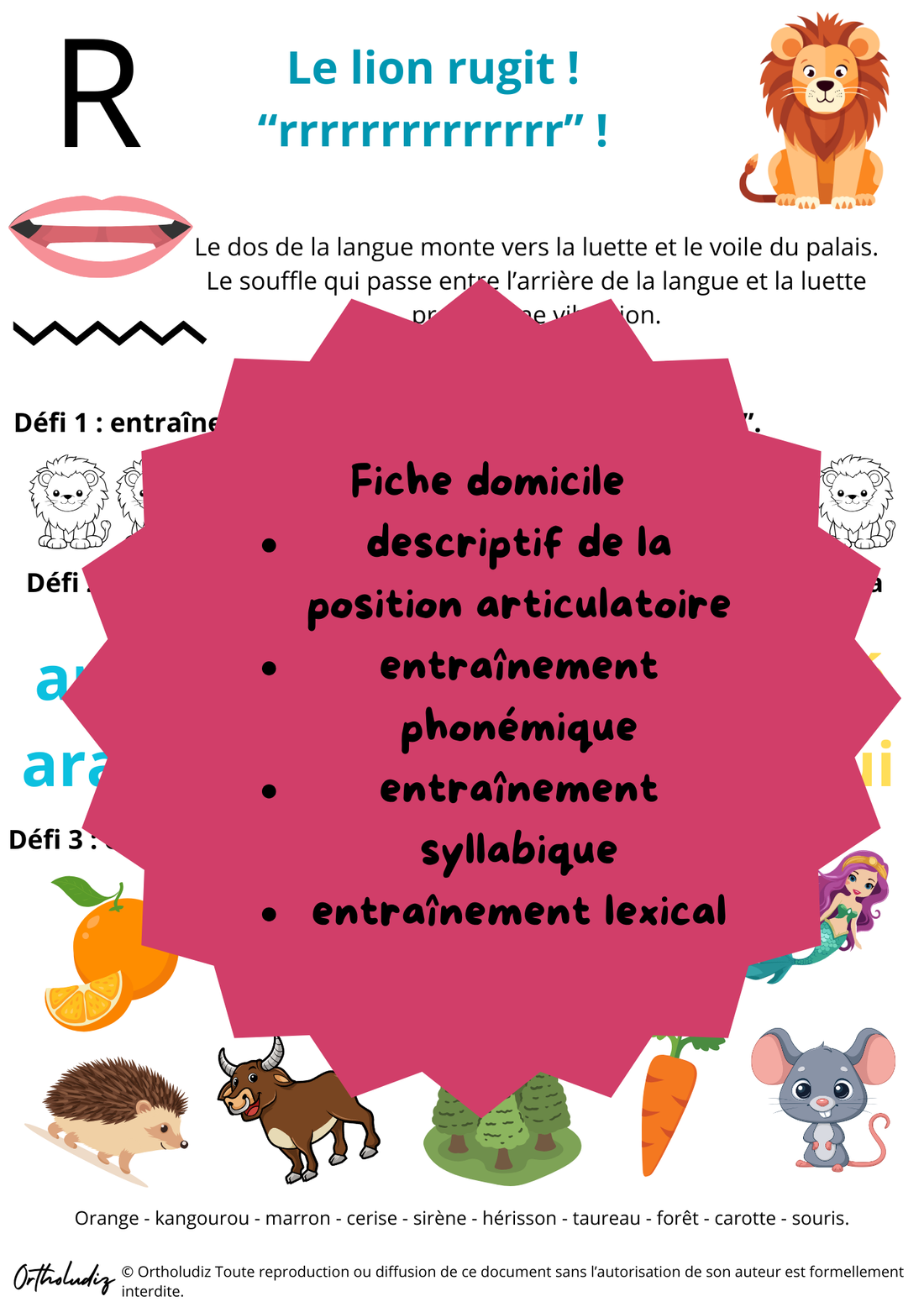 Fiche entrainement à domicile R médian thème lion