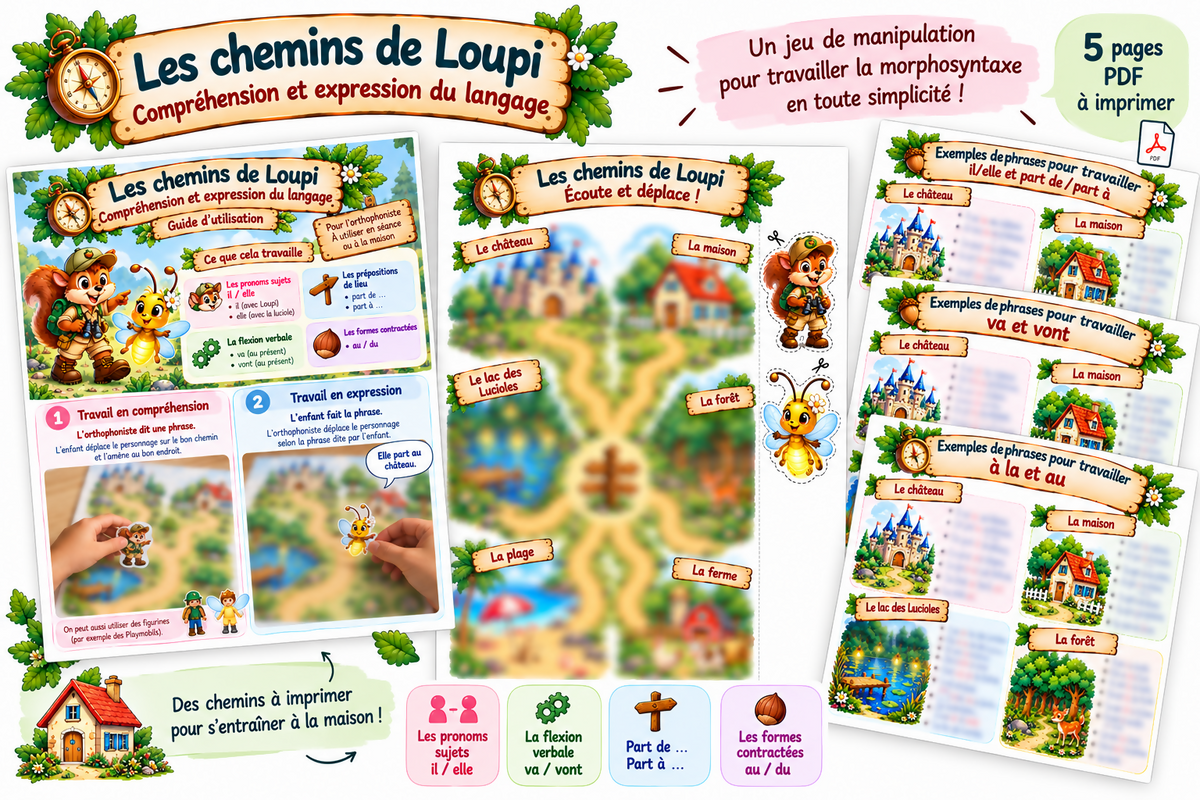 Les chemins de Loupi – Morphosyntaxe : il/elle, part de/part à, va/vont et articles contractés | Jeu à manipuler