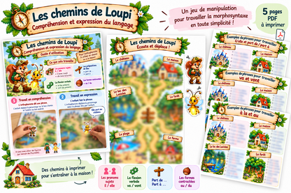 Les chemins de Loupi – Morphosyntaxe : il/elle, part de/part à, va/vont et articles contractés | Jeu à manipuler
